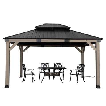 12'x14' Upgrade Cedar Wooden Frame Gazebo with 2-Tier Galvanized Steel Roof and Outlets