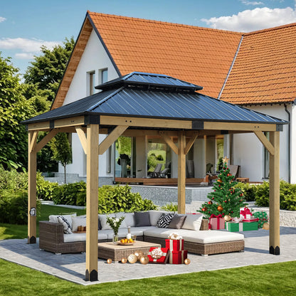 10'x12' Outdoor Patio Wooden Frame Gazebo with 2-Tier Galvanized Metal Hardtop Roof and Charging Socket
