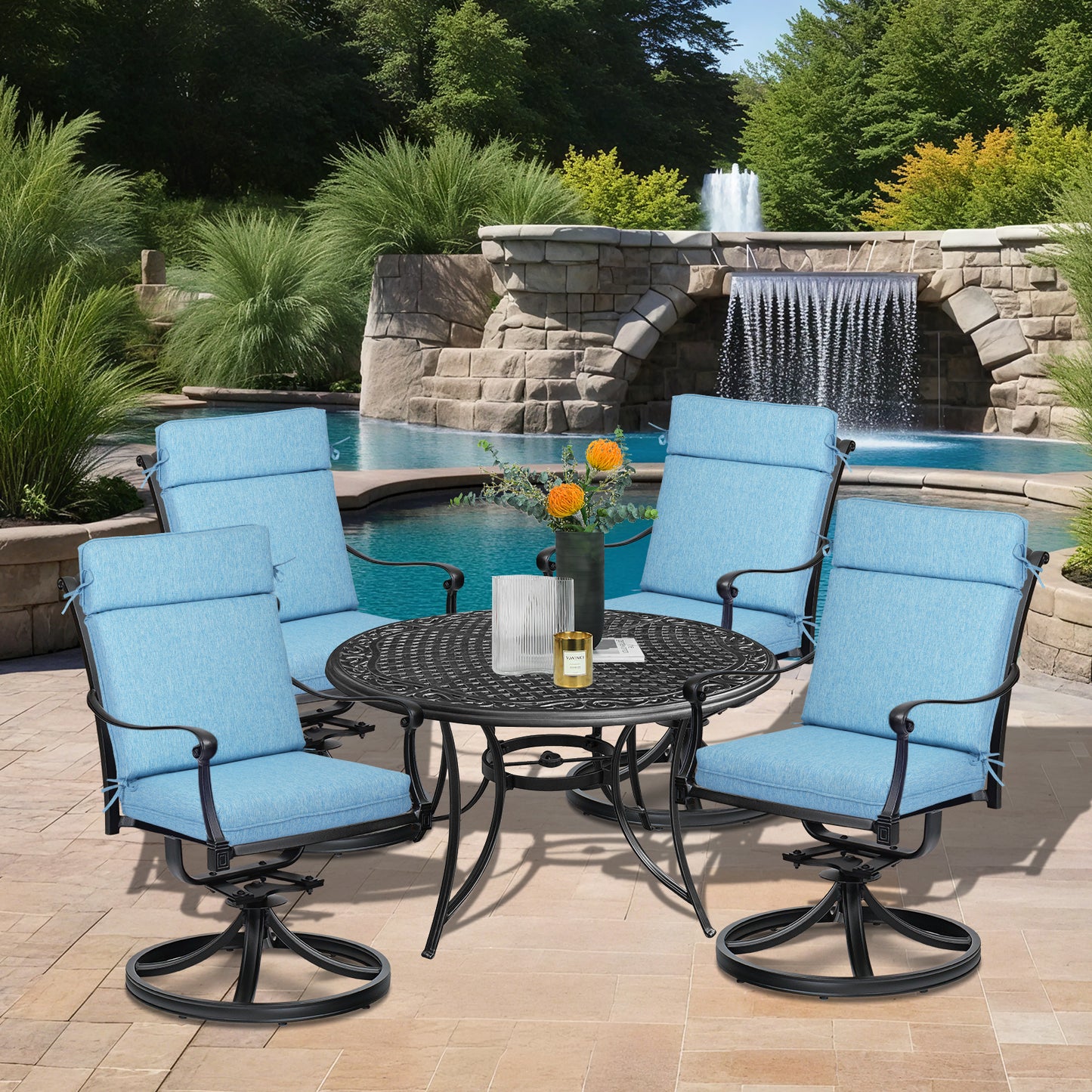 Outdoor High Back Dining Chair Cushion Set, Polyester Fabric, TPU Water Repellent Coating, Lake Blue Aoodor 