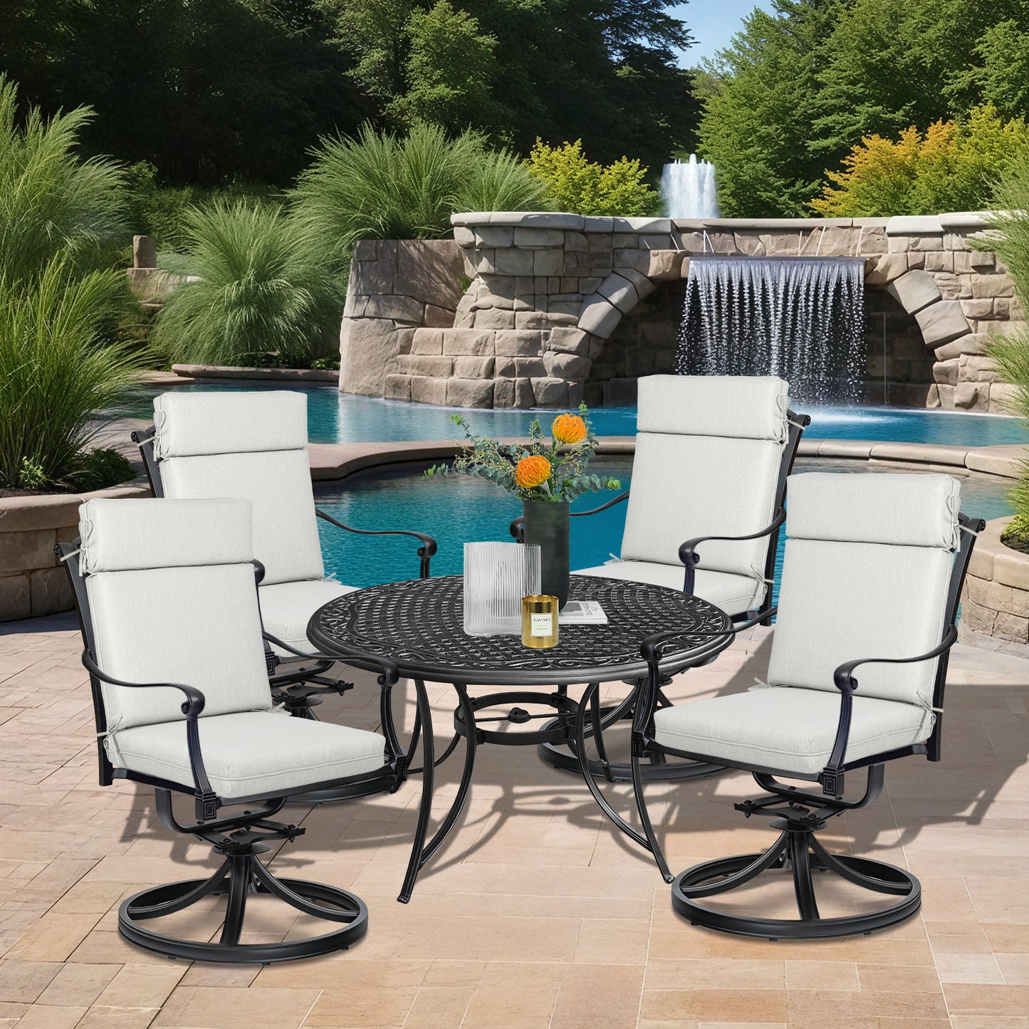 Outdoor High Back Dining Chair Cushion Set, Polyester Fabric, TPU Water Repellent Coating, Light Gray Aoodor 
