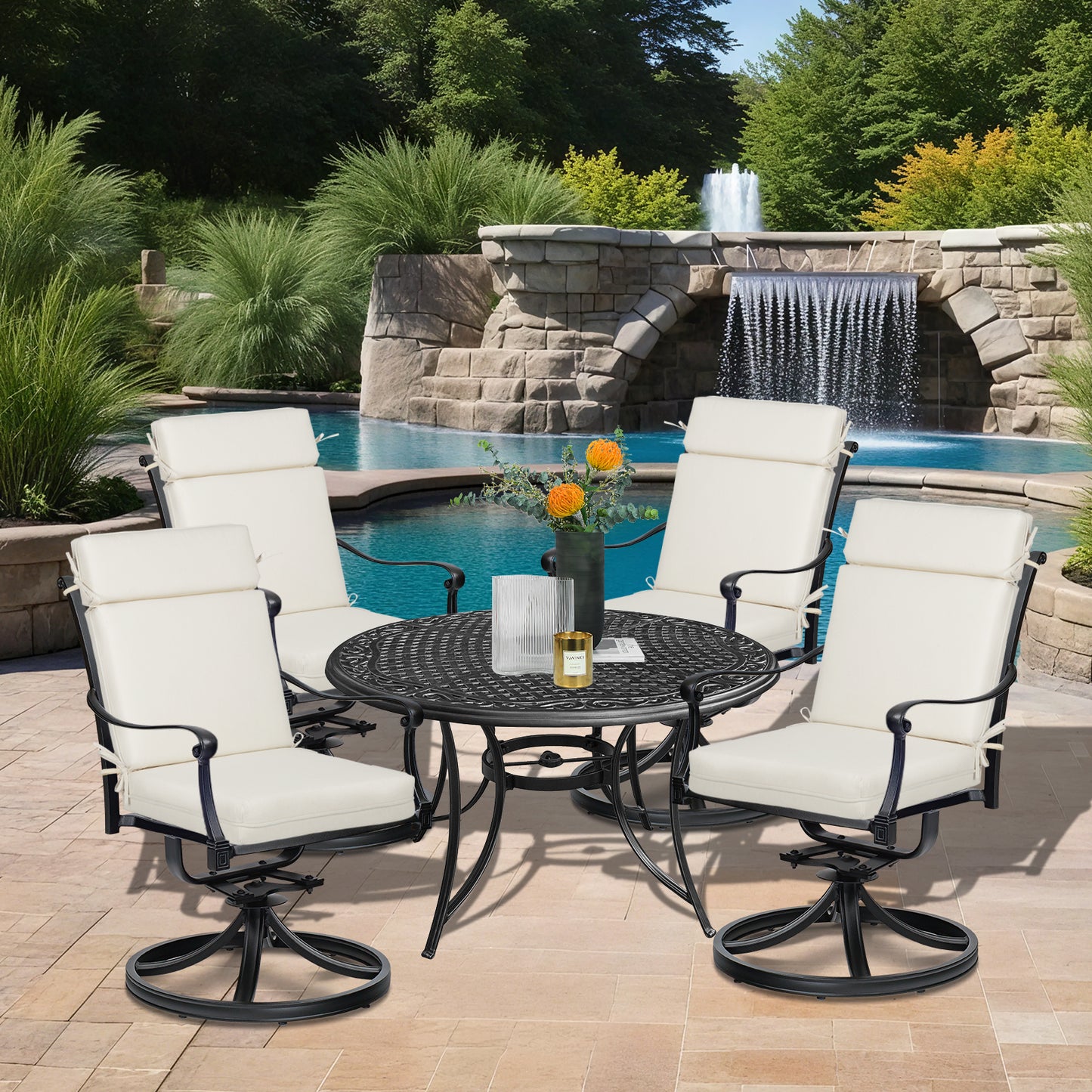 Outdoor High Back Dining Chair Cushion Set, Polyester Fabric, TPU Water Repellent Coating, Ivory Aoodor 