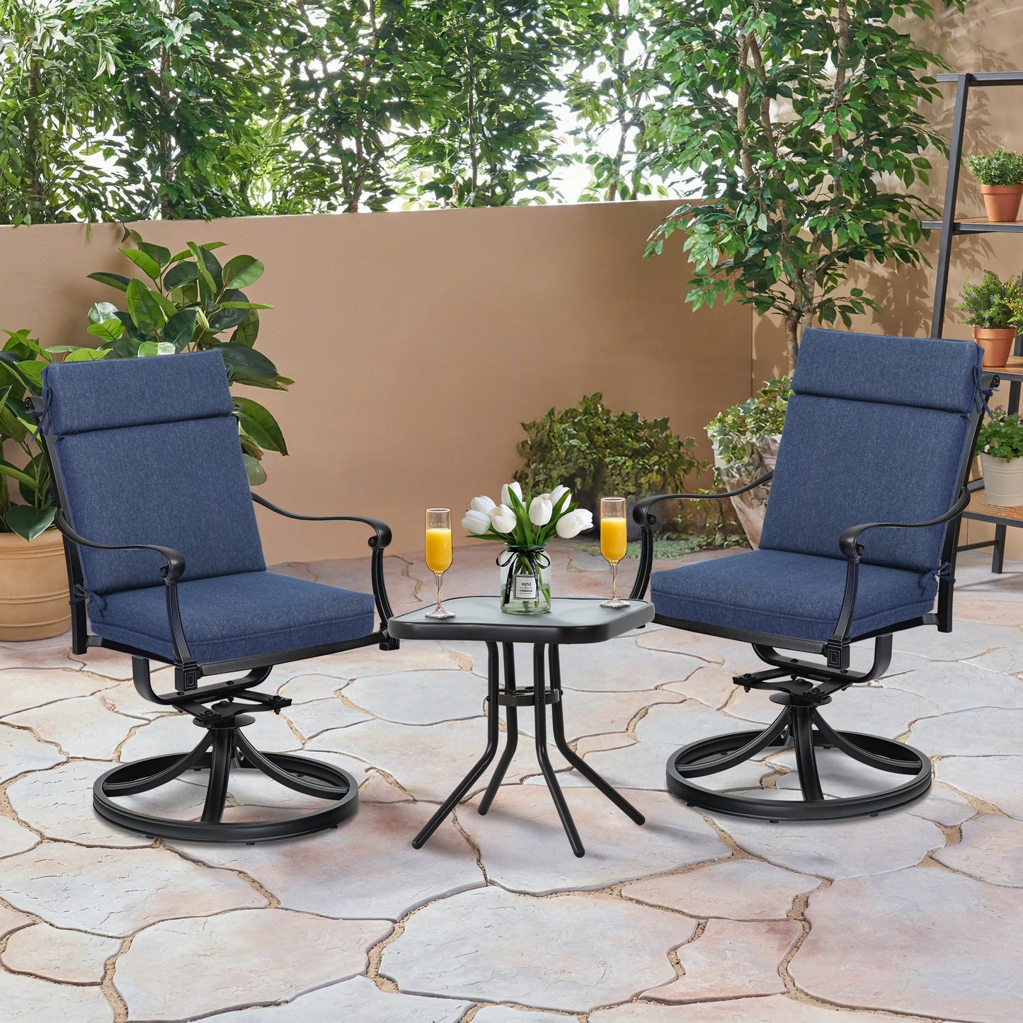 Outdoor High Back Dining Chair Cushion Set, Polyester Fabric, TPU Water Repellent Coating, Navy Blue Aoodor 