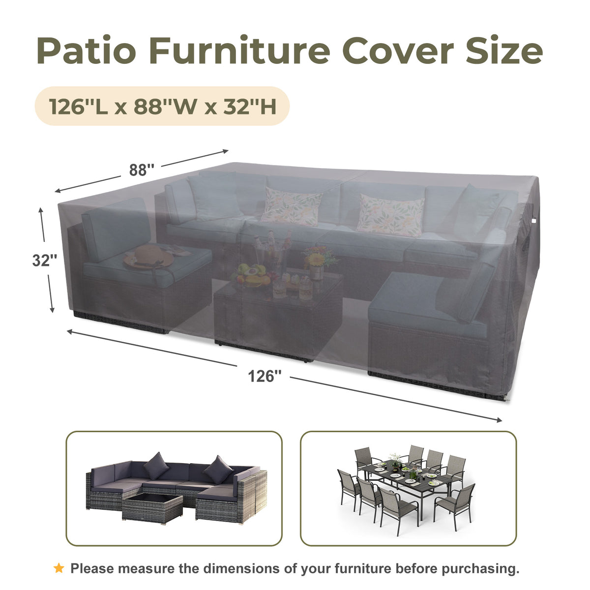 Outdoor Patio Furniture Set Cover, Gray, Rectangular