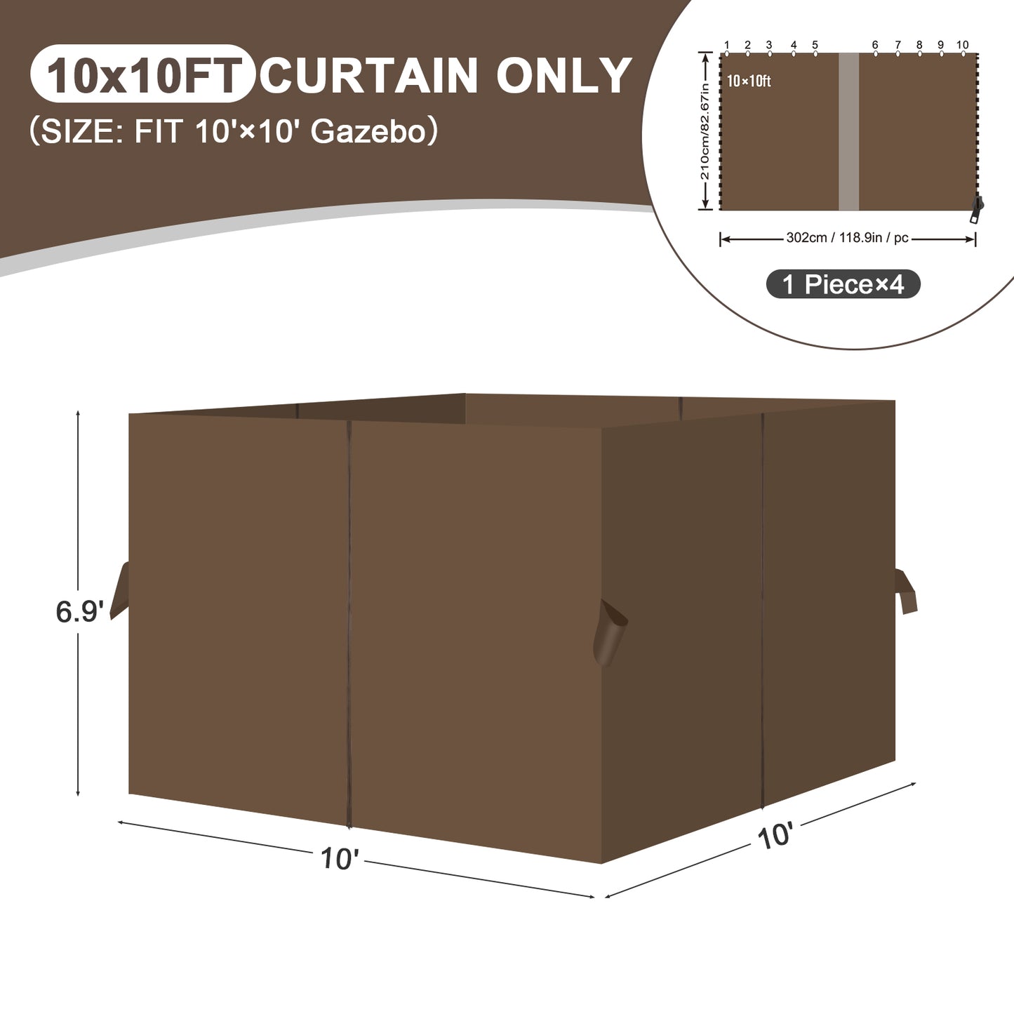 Outdoor Gazebo Curtains, 4 Panels Privacy Sidewall Replacement (Curtain Only) - Brown