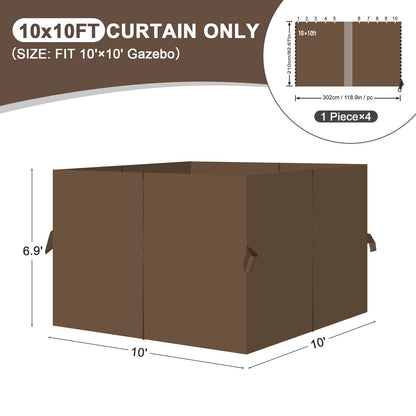 Outdoor Gazebo Curtains, 4 Panels Privacy Sidewall Replacement (Curtain Only) - Brown