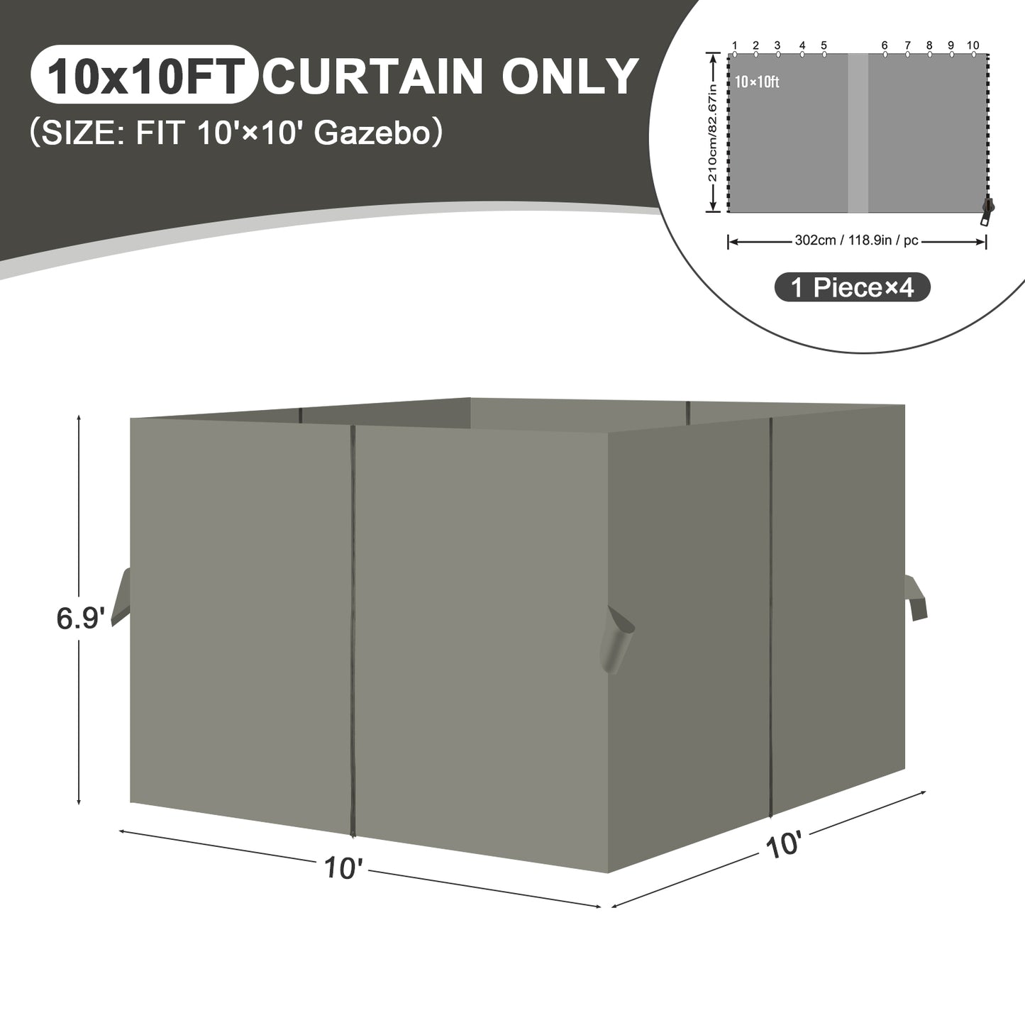 Outdoor Gazebo Curtains, 4 Panels Privacy Sidewall Replacement (Curtain Only) - Grey