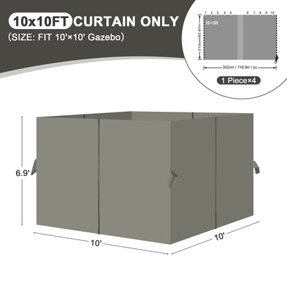 Outdoor Gazebo Curtains, 4 Panels Privacy Sidewall Replacement (Curtain Only) - Grey