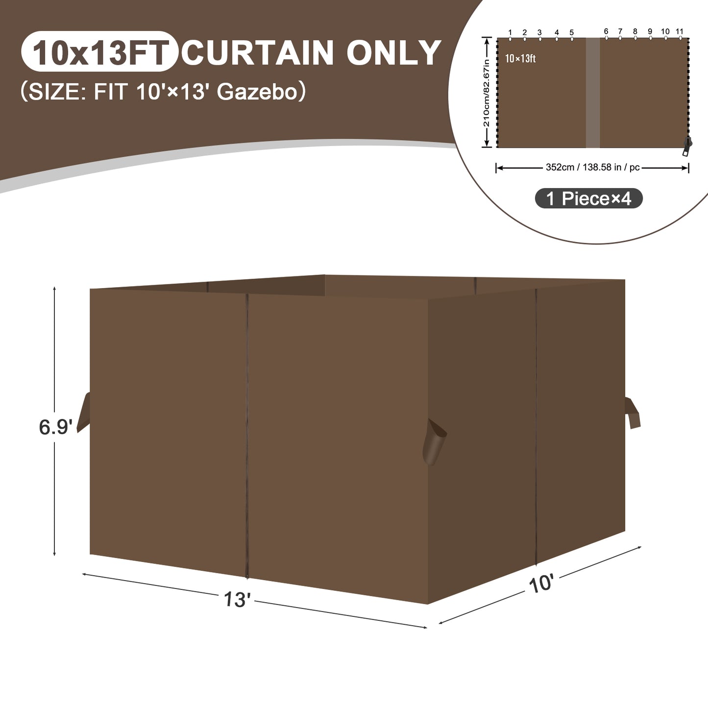 Outdoor Gazebo Curtains, 4 Panels Privacy Sidewall Replacement (Curtain Only) - Brown