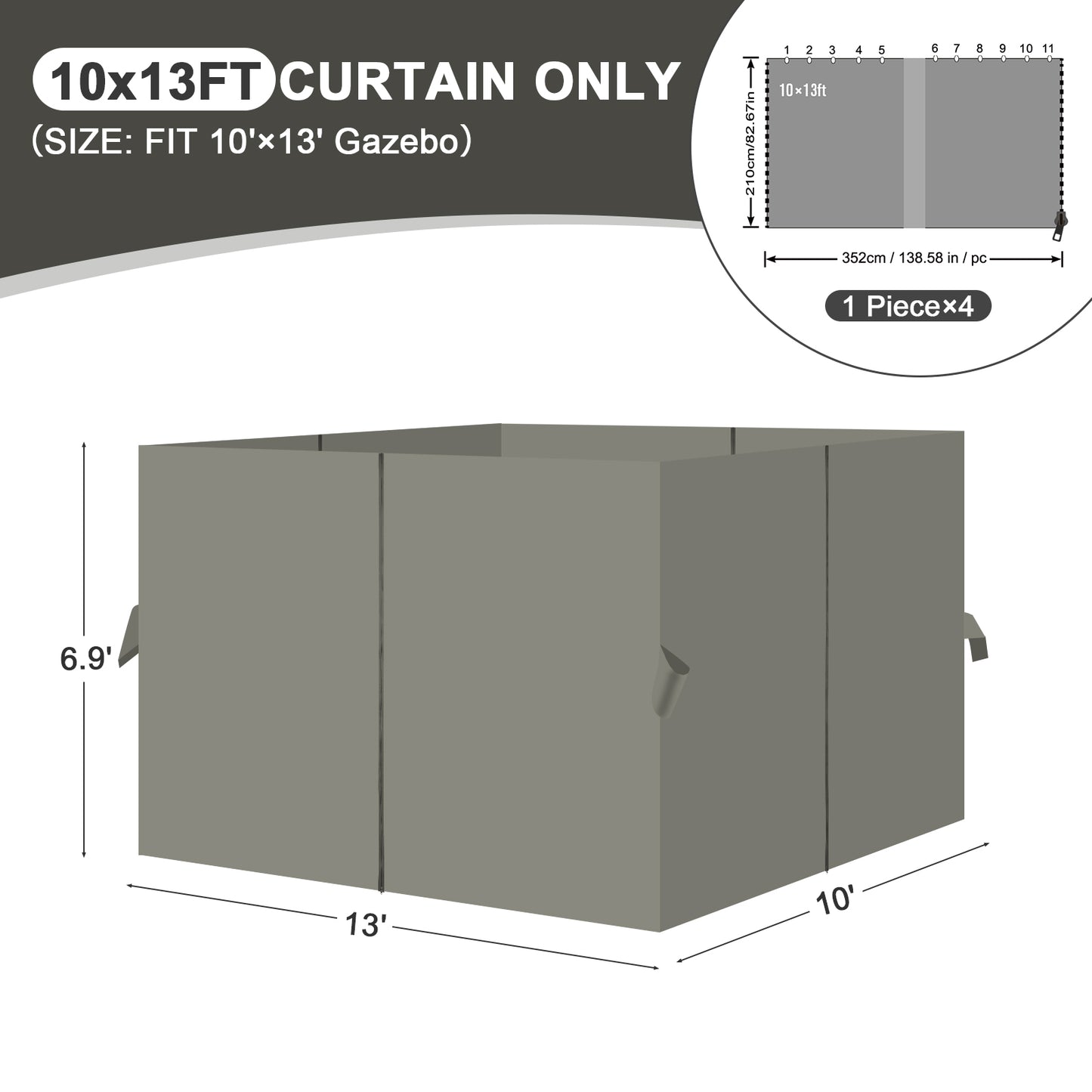 Outdoor Gazebo Curtains, 4 Panels Privacy Sidewall Replacement (Curtain Only) - Grey