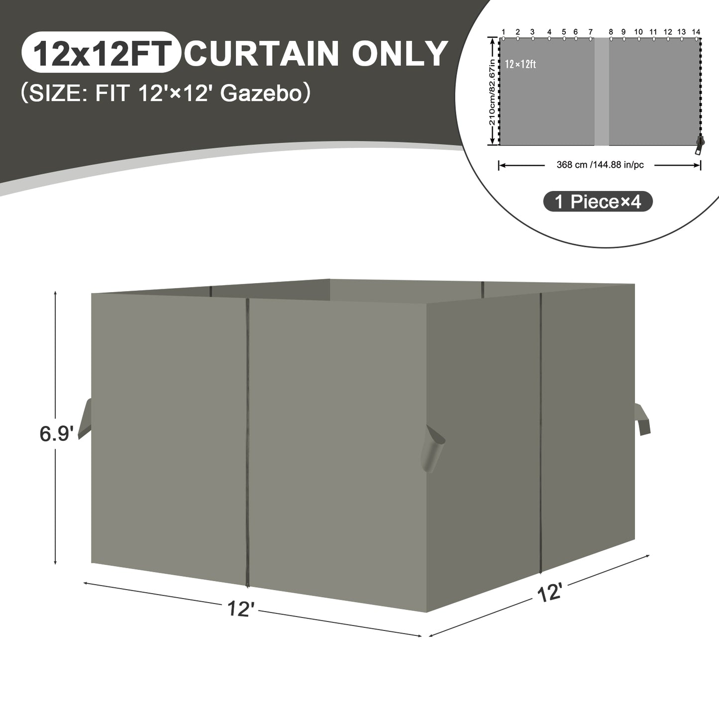 Outdoor Gazebo Curtains, 4 Panels Privacy Sidewall Replacement (Curtain Only) - Grey
