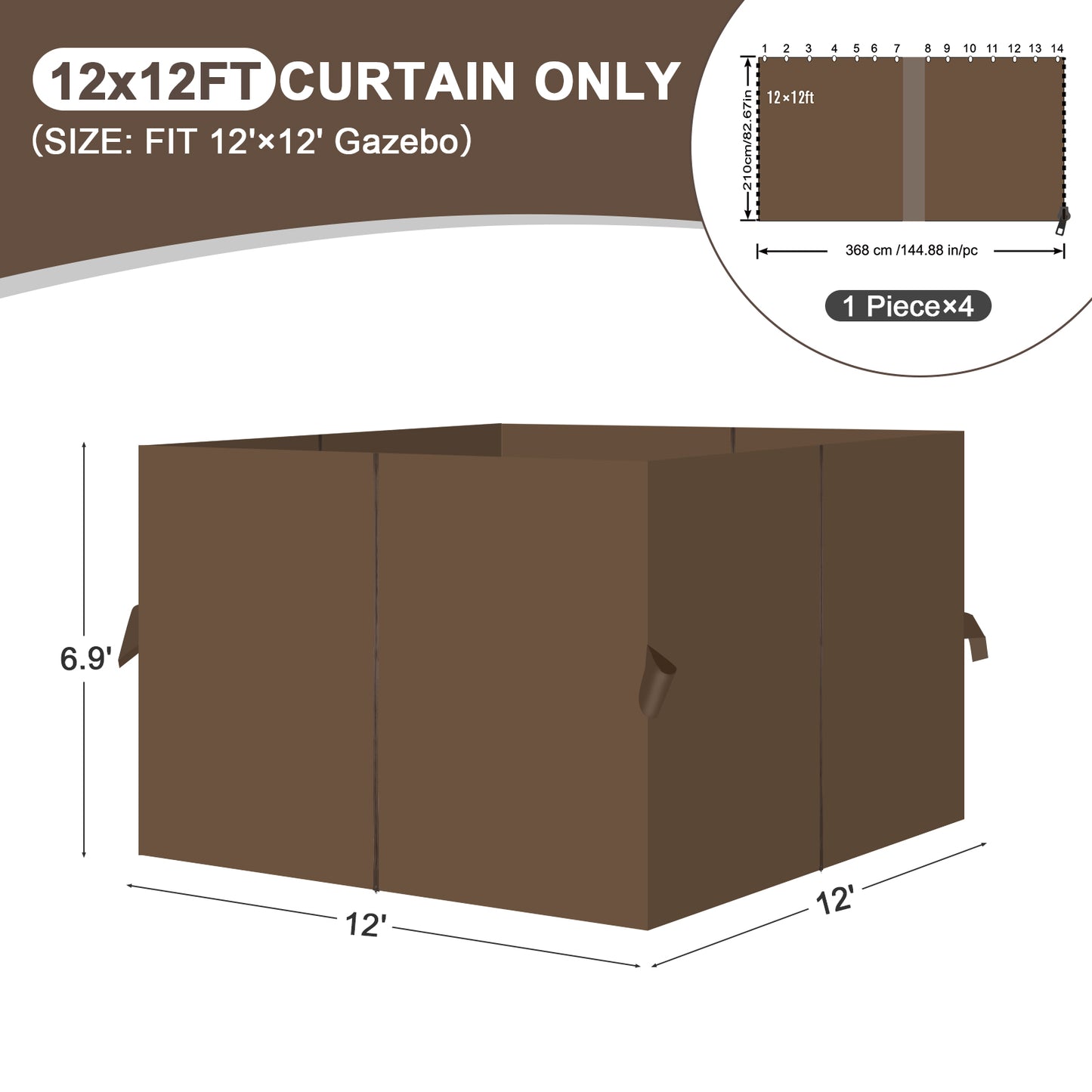 Outdoor Gazebo Curtains, 4 Panels Privacy Sidewall Replacement (Curtain Only) - Brown