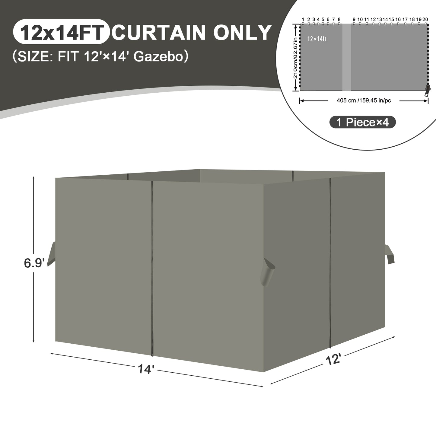 Outdoor Gazebo Curtains, 4 Panels Privacy Sidewall Replacement (Curtain Only) - Grey