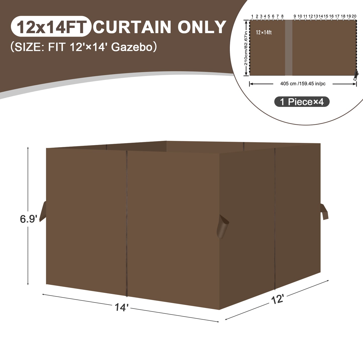 Outdoor Gazebo Curtains, 4 Panels Privacy Sidewall Replacement (Curtain Only) - Brown