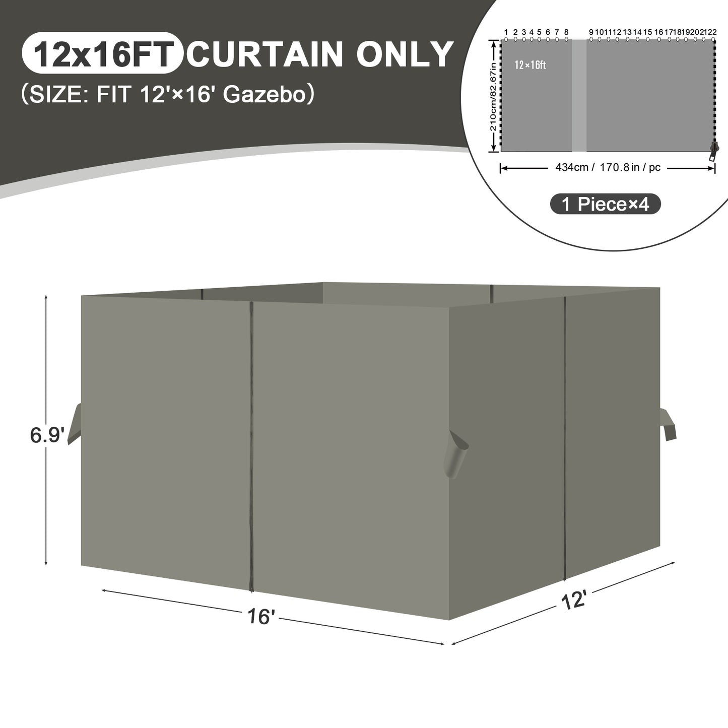 Outdoor Gazebo Curtains, 4 Panels Privacy Sidewall Replacement (Curtain Only) - Grey
