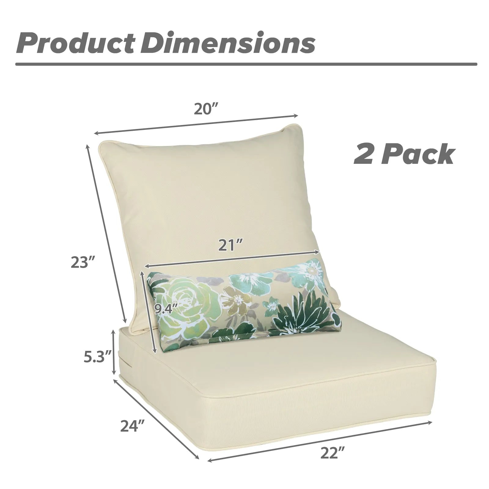 Patio Deep Chair Cushion, 2 Back 2 Seater 2 Pillow, Cream Yellow Aoodor 22x24x5 inch