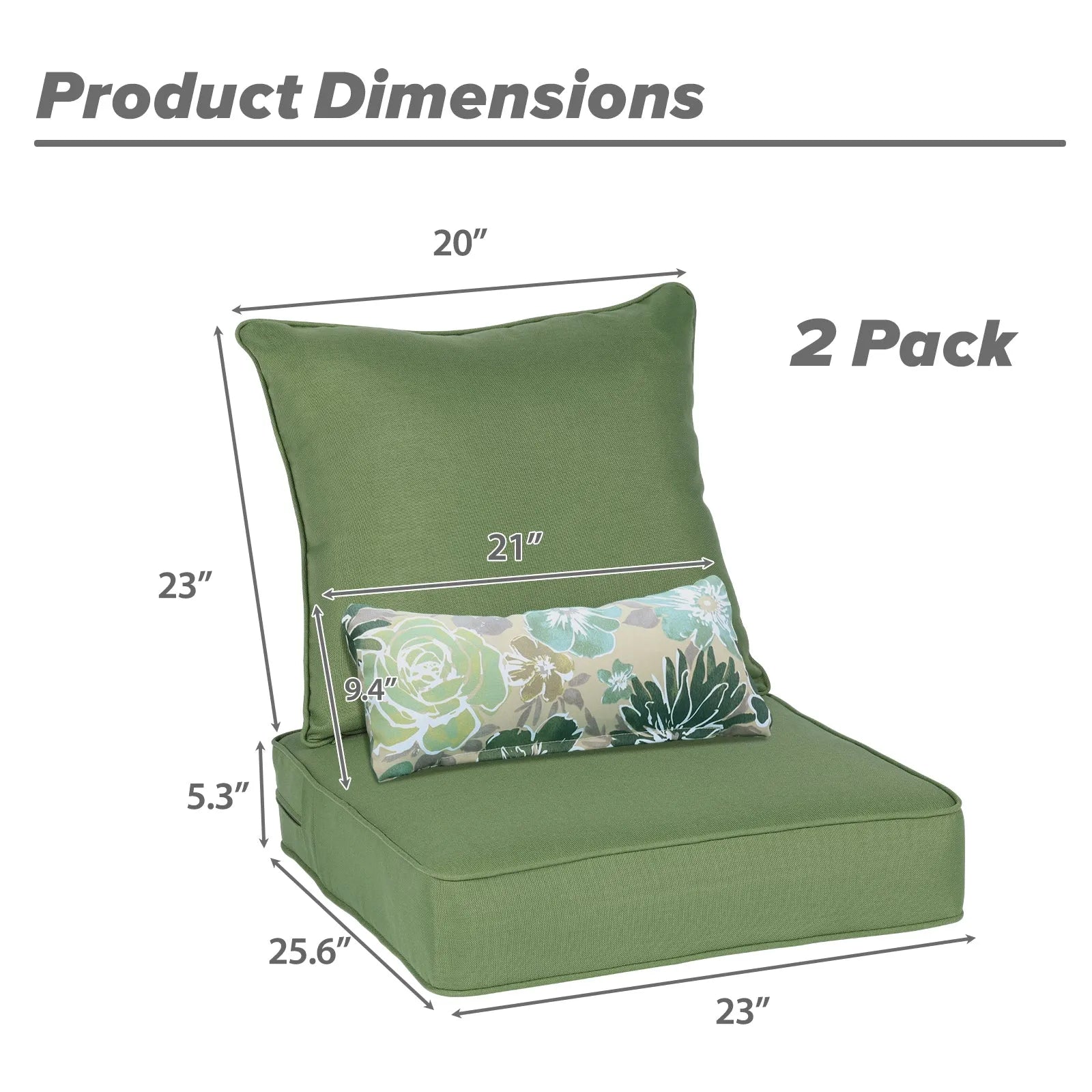 Patio Deep Chair Cushion, 2 Back 2 Seater 2 Pillow, Green Aoodor 23"x26"