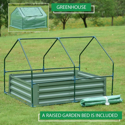 Mini Greenhouse Kit With Raised Garden Metal Beds, 2 Roll-up Zipper Doors