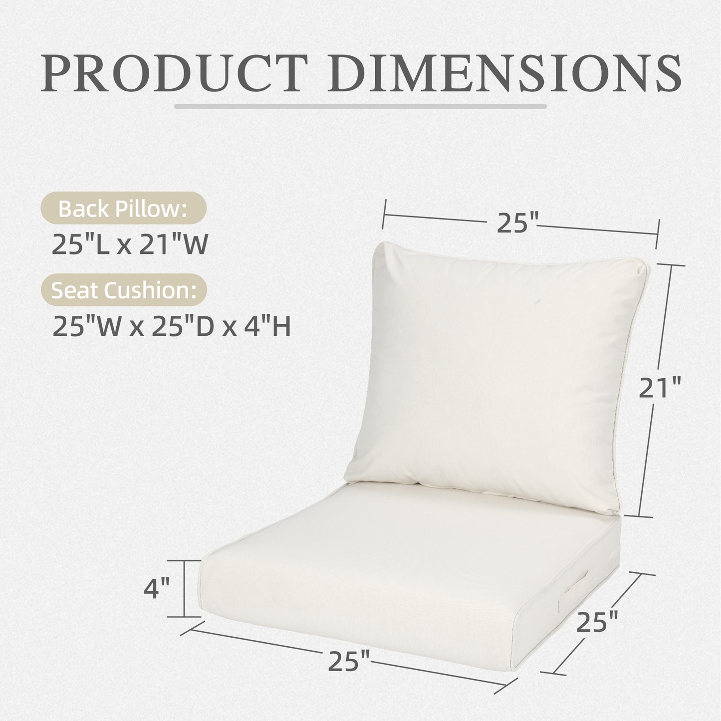 Outdoor Deep Seat Cushion Set, Waterproof Patio Chair Cushions, Ivory White
