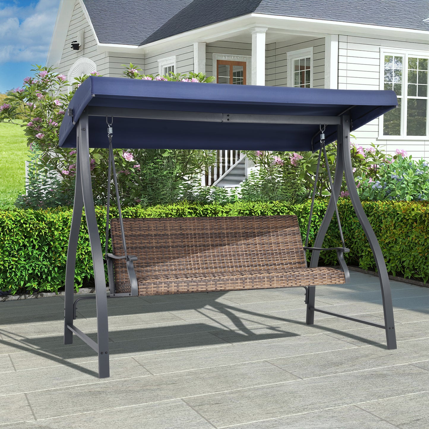 3-Seat Outdoor Rattan Patio Swing with Adjustable Canopy
