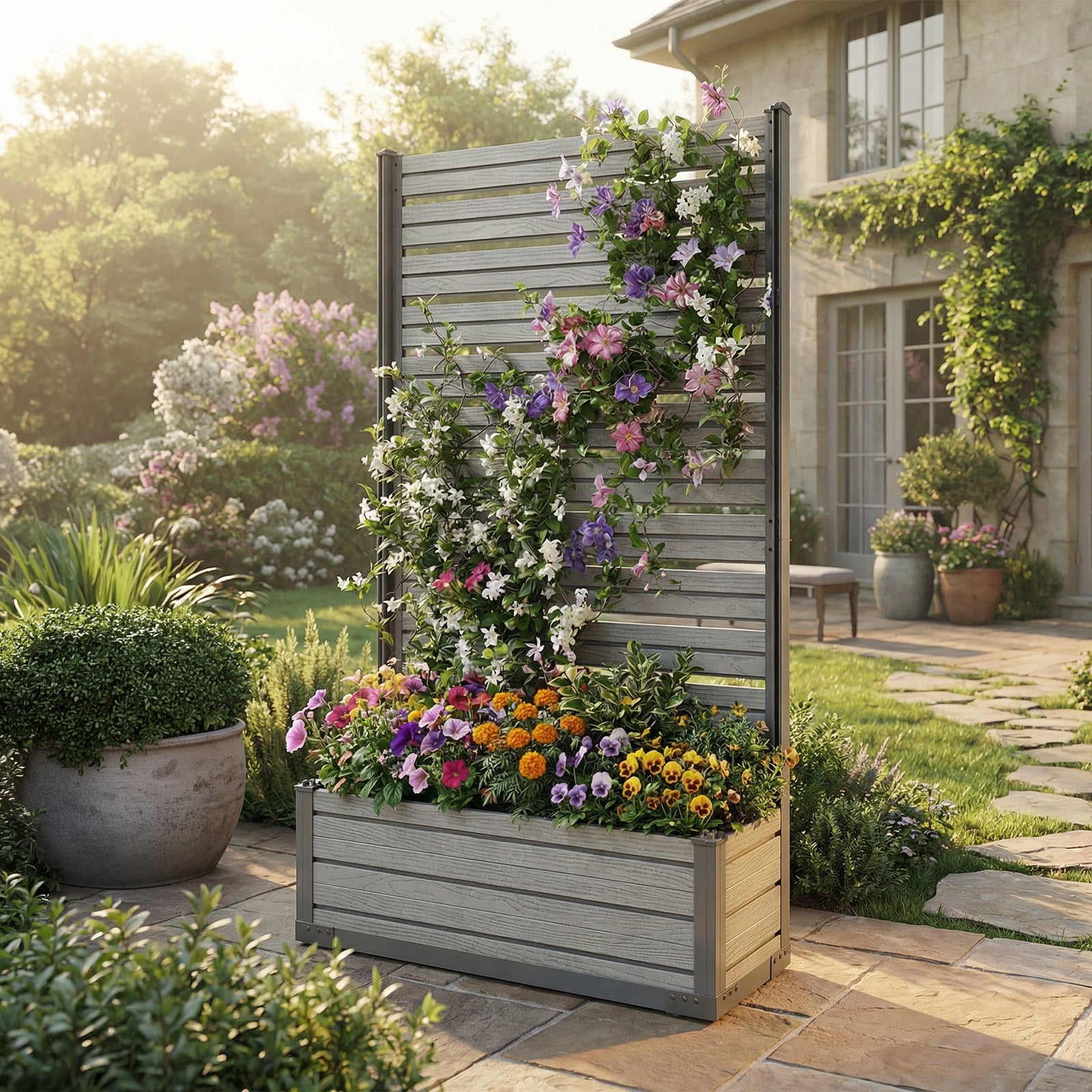 trellis screening plants Patio Privacy Screen with Planter Box for Climbing Plants