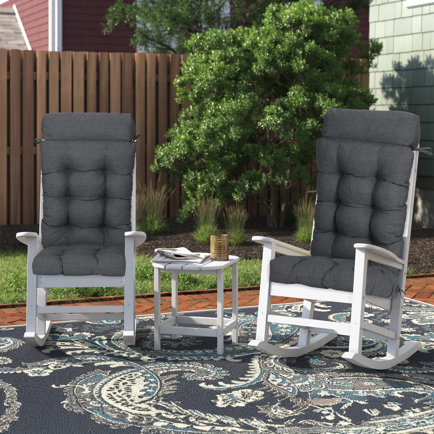 Tufted Outdoor High Back Rocking Chair Cushion Set of 2, Dark Grey