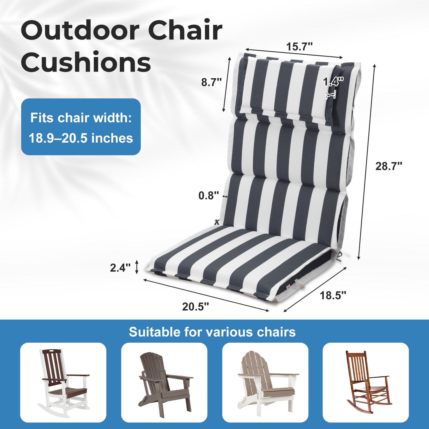 47x21x2.4 inch High Back Patio Chair Cushions with Headrest, Grey Stripe