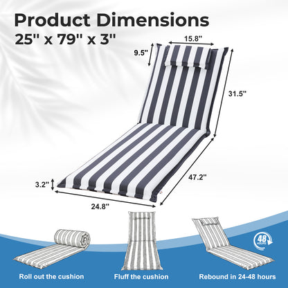 79x25x3 inch Outdoor Lounge Chair Cushion with Headrest, Grey Stripe