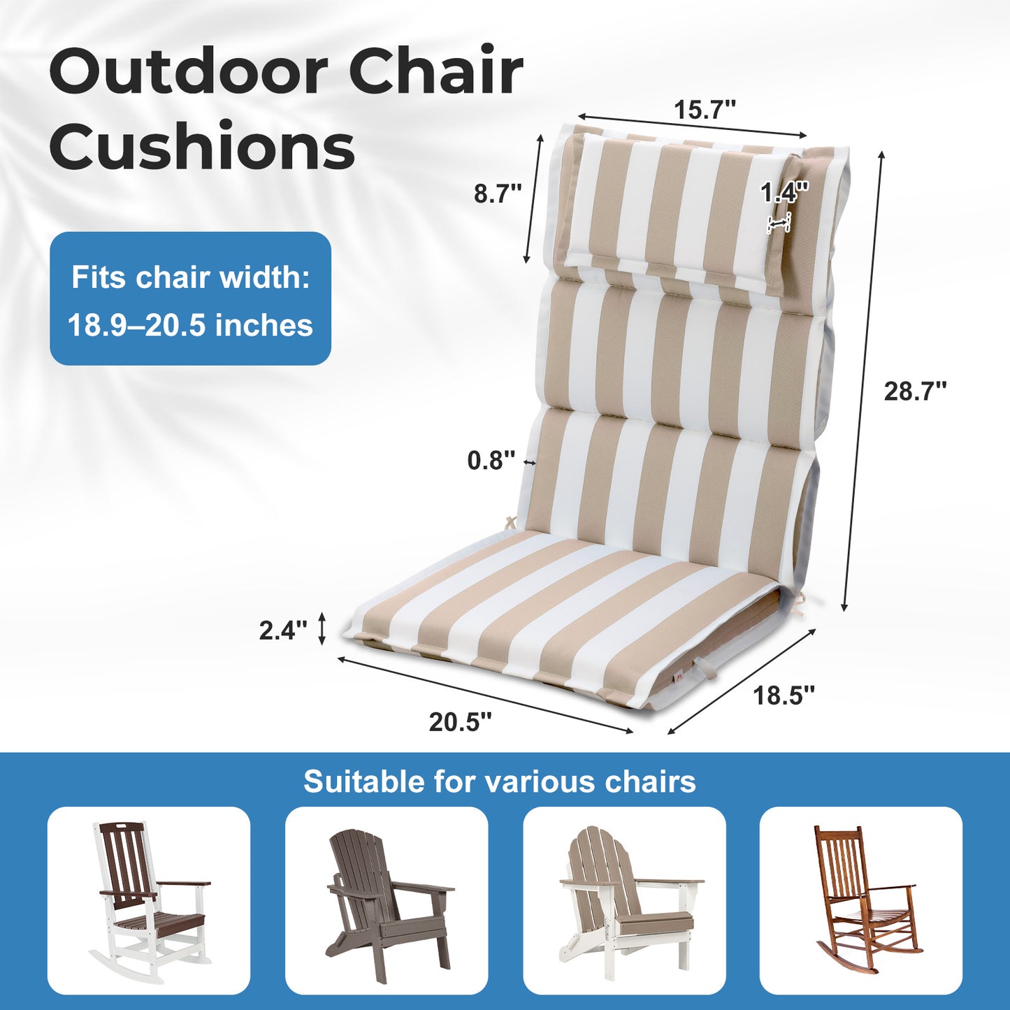 47x21x2.4 inch High Back Patio Chair Cushions with Headrest, Beige Stripe