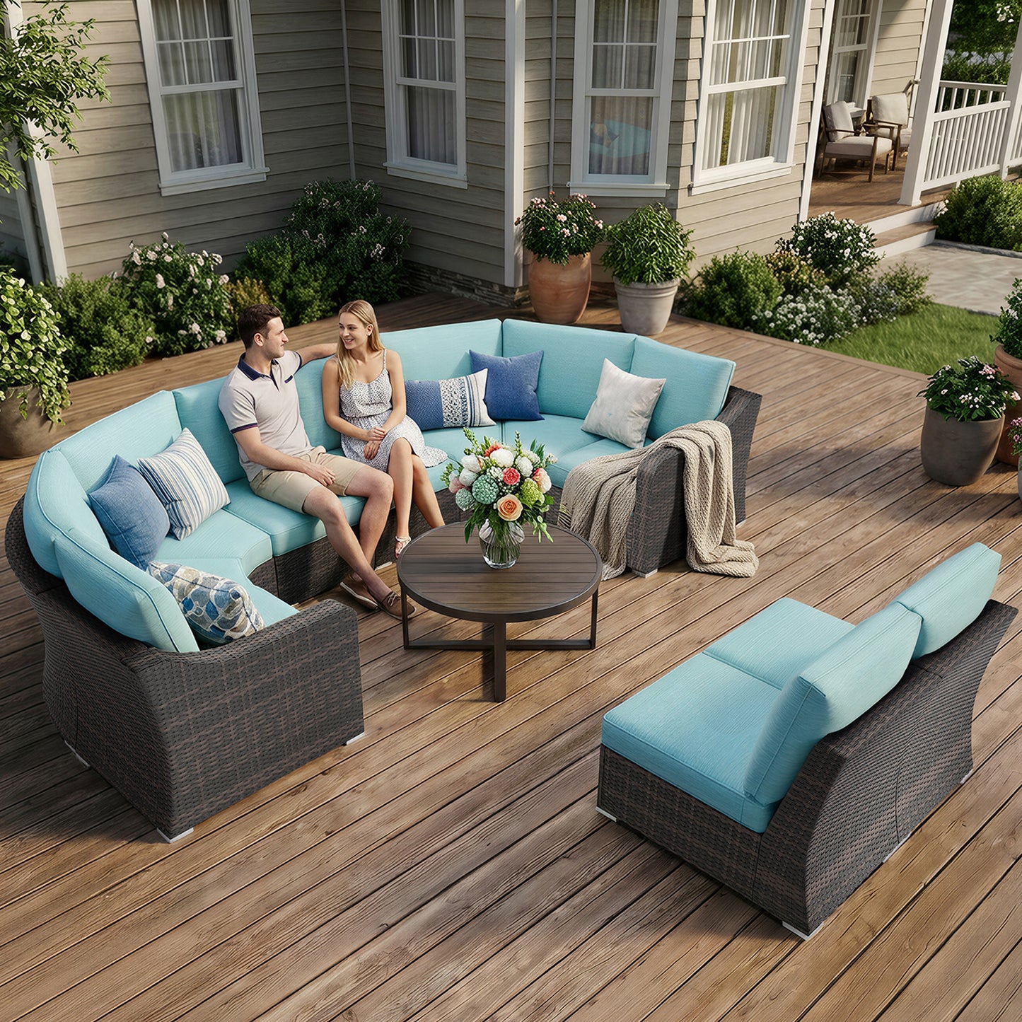 10-Piece Half-Moon Wicker Outdoor Sectional Set with Turquoise Cushions