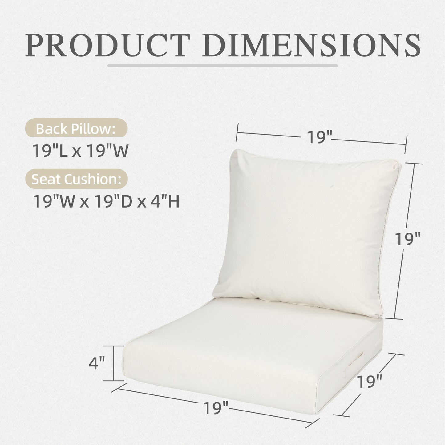 Outdoor Deep Seat Cushion Set, Waterproof Patio Chair Cushions, Ivory White