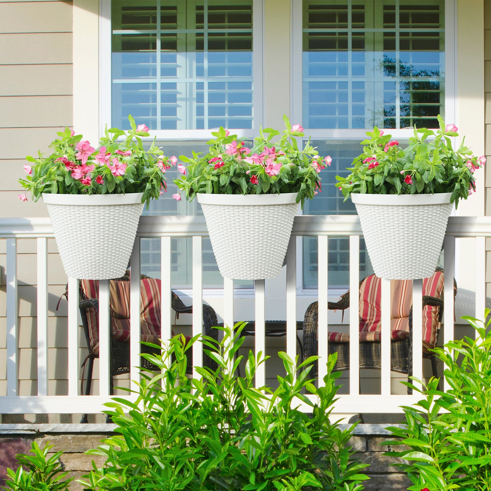 garden planter hanging over balcony railings 12" Rattan Pattern Railing Planters