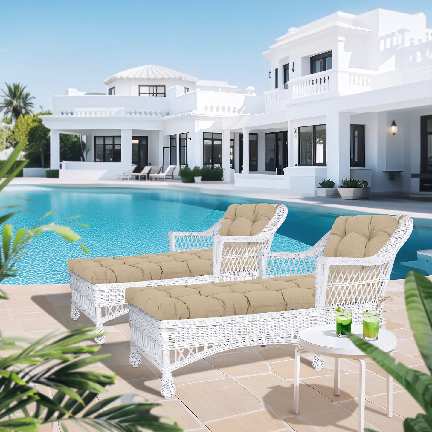 76"x22"x5.1" Polyester Tufted Chaise Lounge Cushion for Outdoor Wicker Chaise Lounge Use, 2 Packs - Khaki Aoodor 