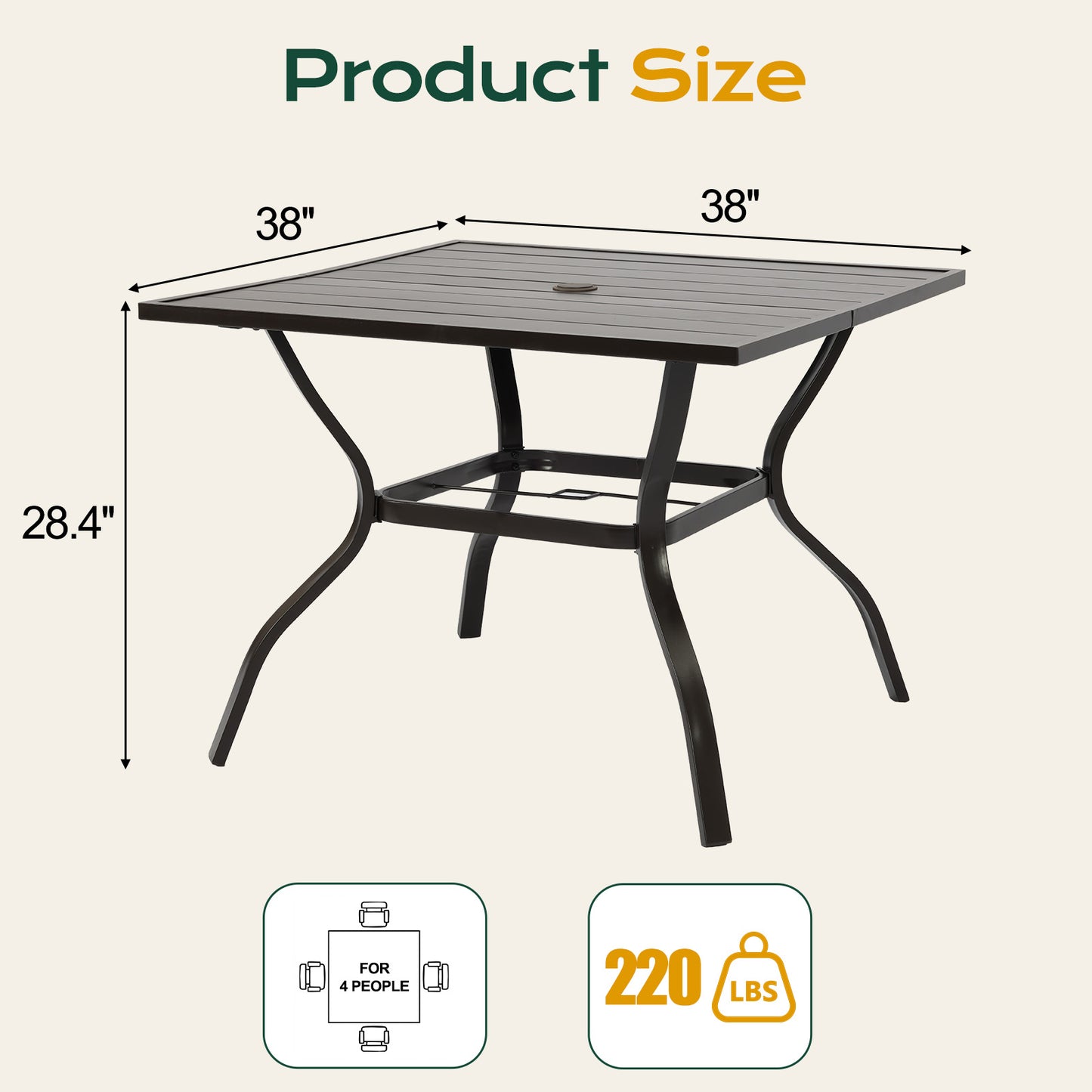 Patio Dining Table for 4, 38 inch Square Metal Outdoor Patio Table with Umbrella Hole