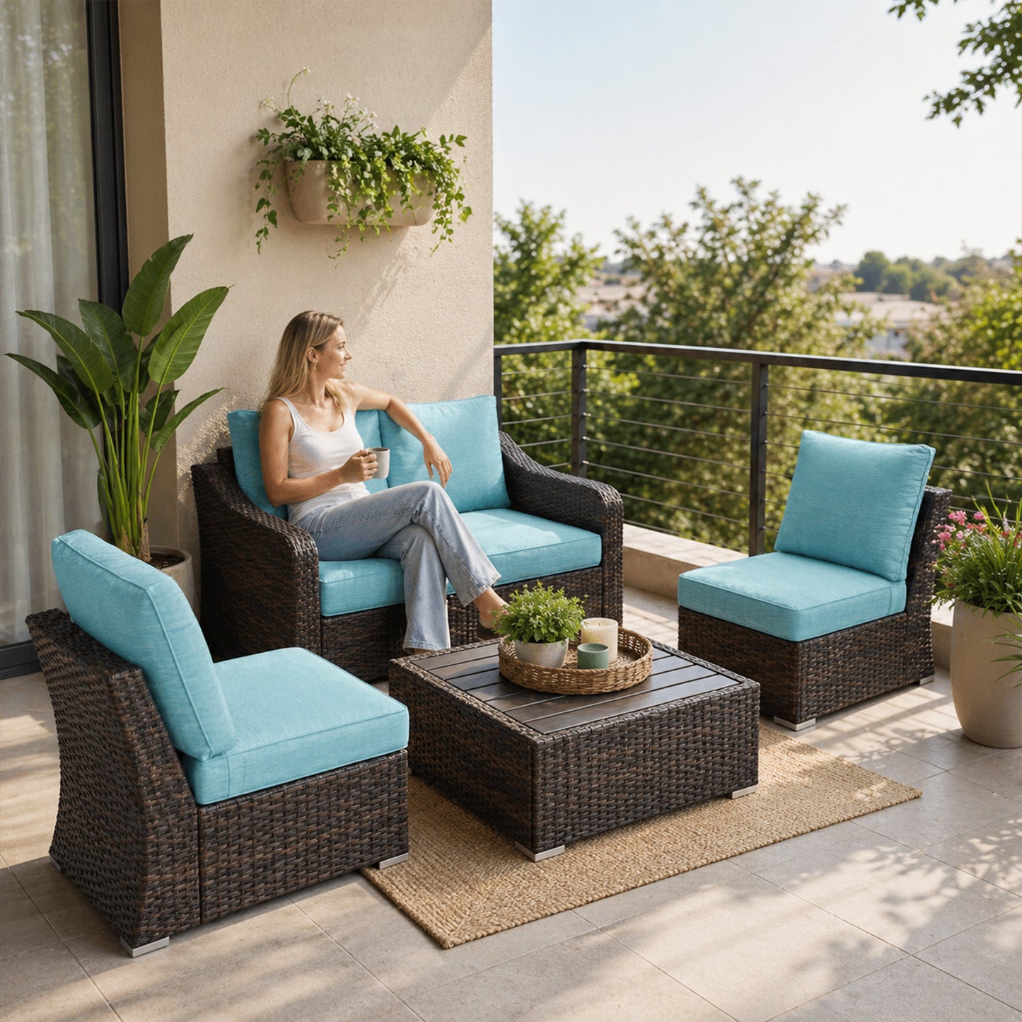 4 Piece Patio Furniture Set with Turquoise Cushions – Premium Living Style