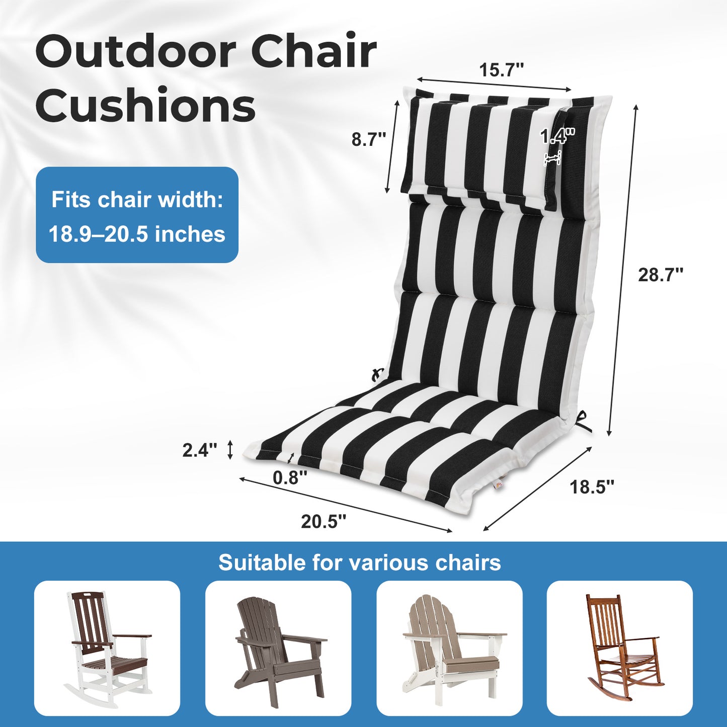 47x21x2.4 inch High Back Patio Chair Cushions with Headrest, Multi-Section, Black Stripe
