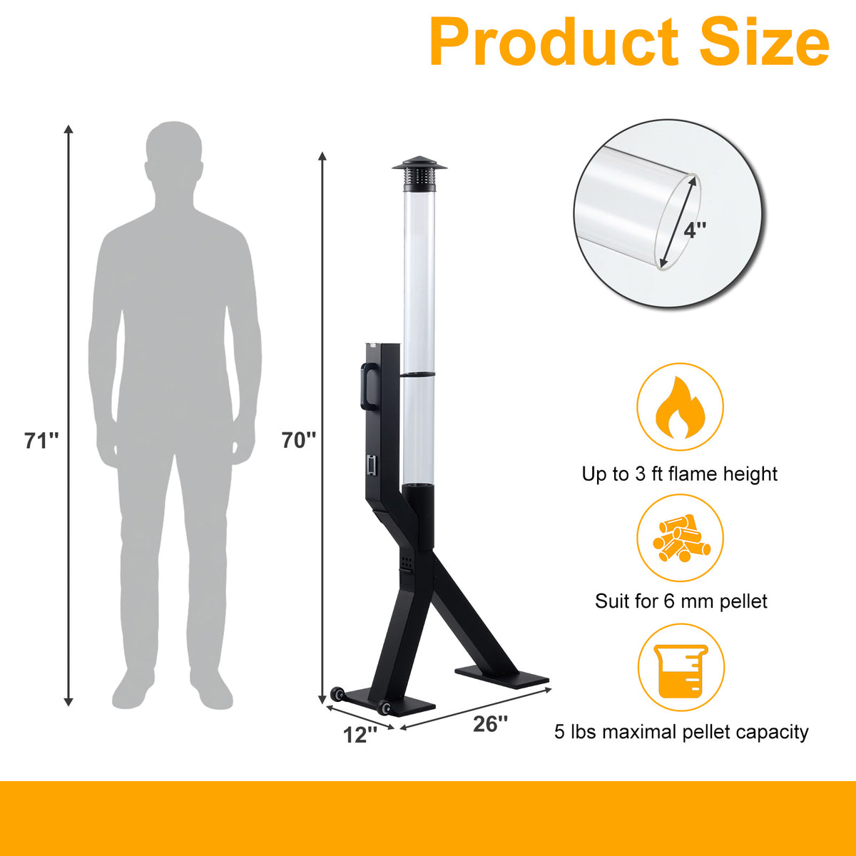 70 inch Wood Pellet Patio Heater, Wood Pellet Fire Tube Stove Portable Pellet Stove with Glass Column, Wheels, Rain Cap and Viewing Window for Porch, Backyard, Garden, and Camping