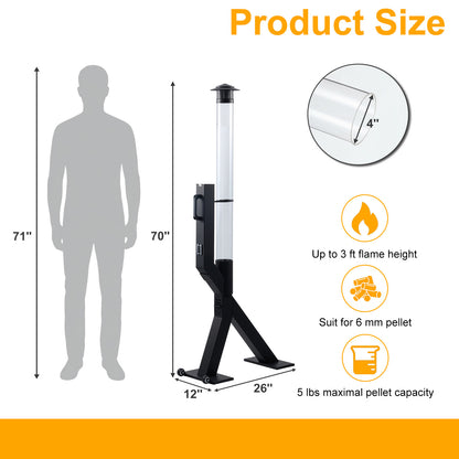 70 inch Wood Pellet Patio Heater, Wood Pellet Fire Tube Stove Portable Pellet Stove with Glass Column, Wheels, Rain Cap and Viewing Window for Porch, Backyard, Garden, and Camping
