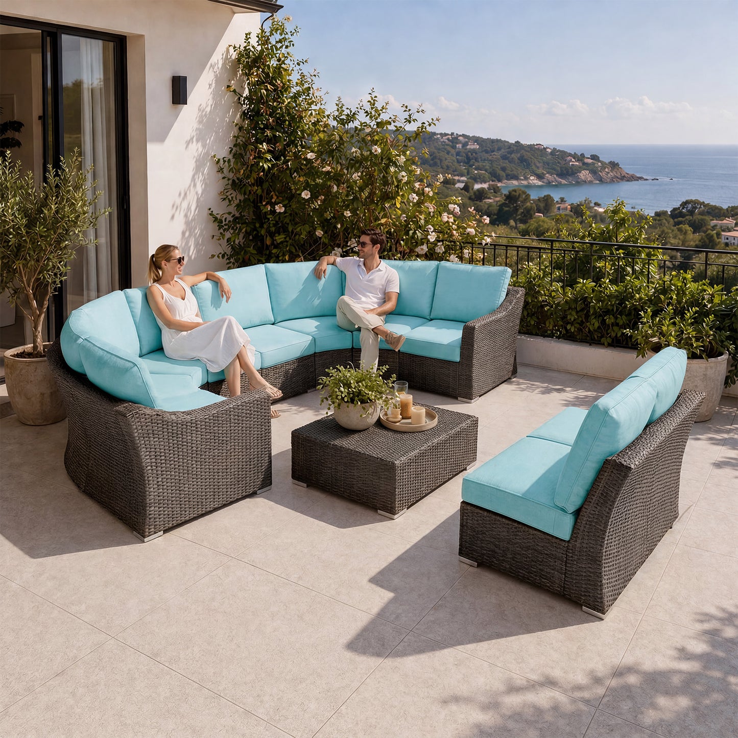 10 Piece Half Moon Wicker Outdoor Sectional Set with Turquoise Cushions - Backyard Retreat