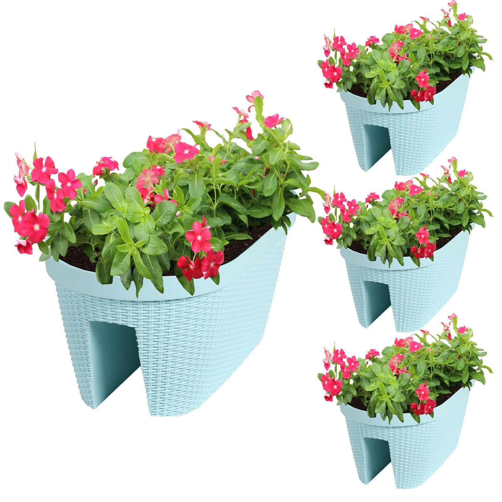 Aoodor Balcony Rattan Pattern Railing Planter Box with Drainage Holes and Adjustable Brackets Light Blue