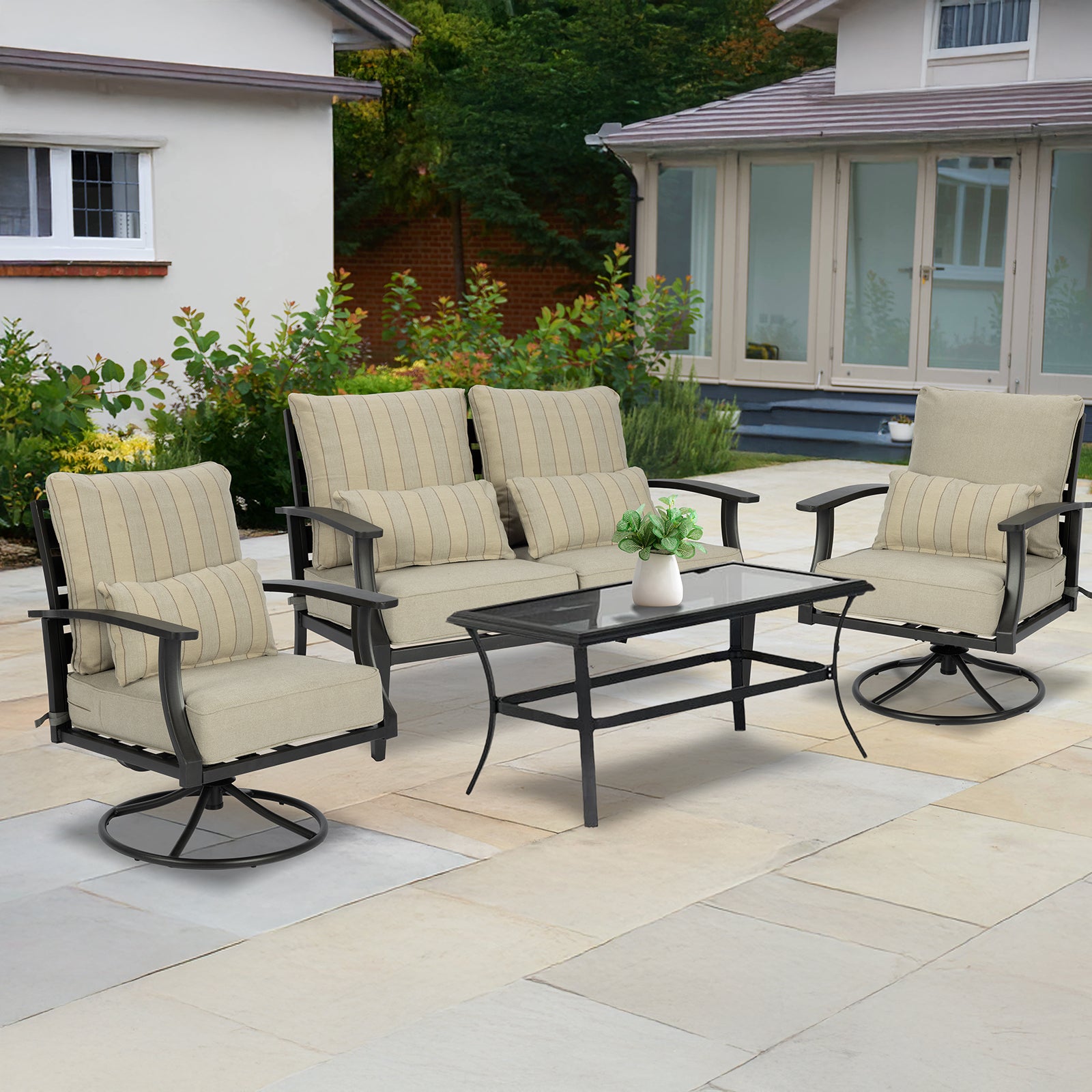 Patio Deep Chair Cushion, 2 Back 2 Seater 2 Pillow, Khaki Stripe