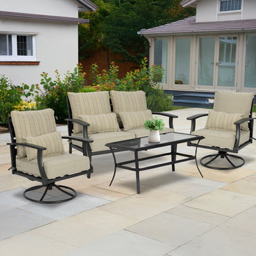 Patio Deep Chair Cushion, 2 Back 2 Seater 2 Pillow, Khaki Stripe