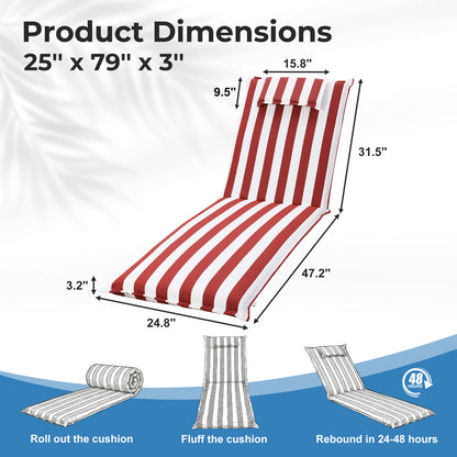 79x25x3 inch Outdoor Lounge Chair Cushion with Headrest, Red Stripe