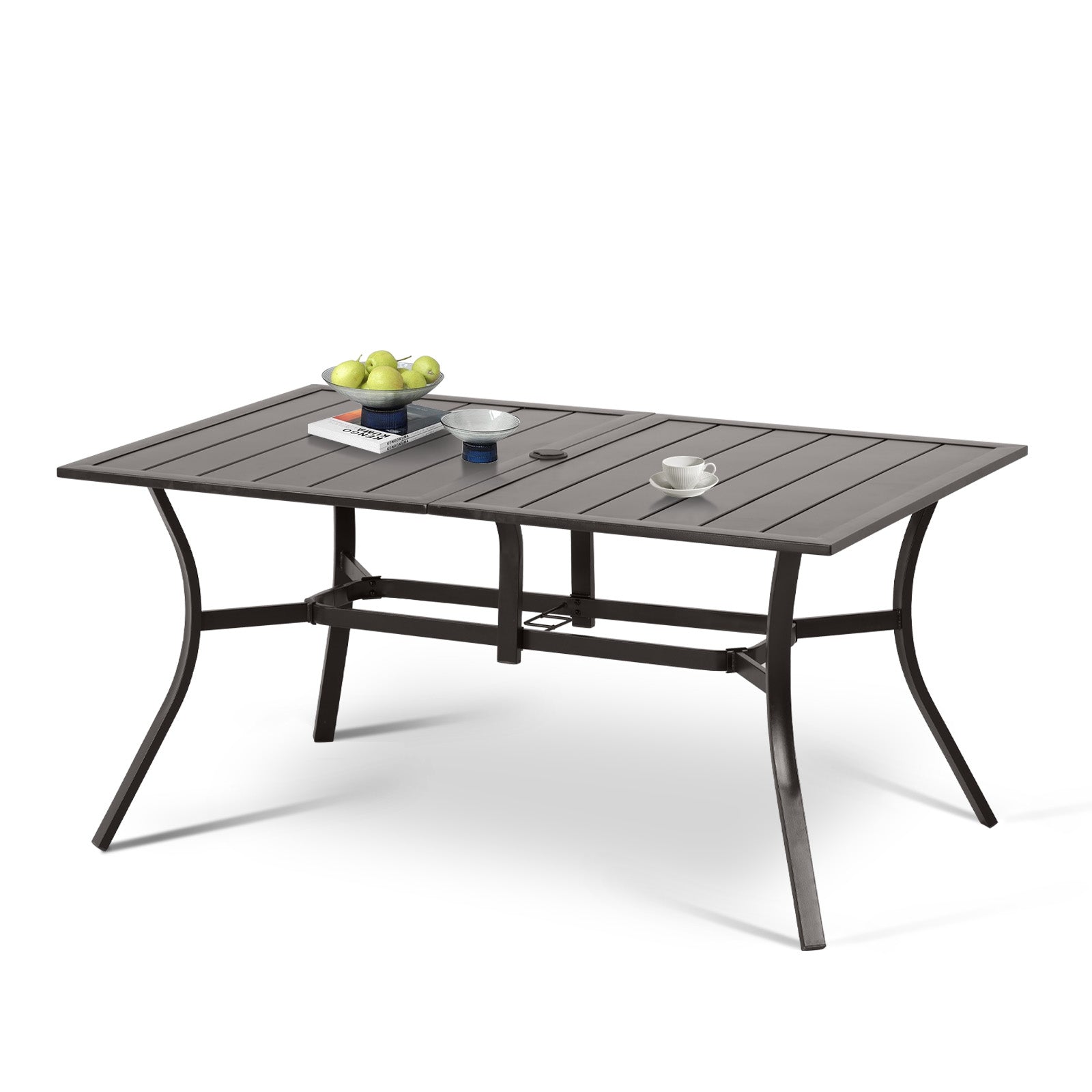 black patio dining table with umbrella hole Aoodor Patio Dining Table for 6 People, 59"L x 38"W Rectangular Metal Outdoor Dining Table with Adjustable Umbrella Hole
