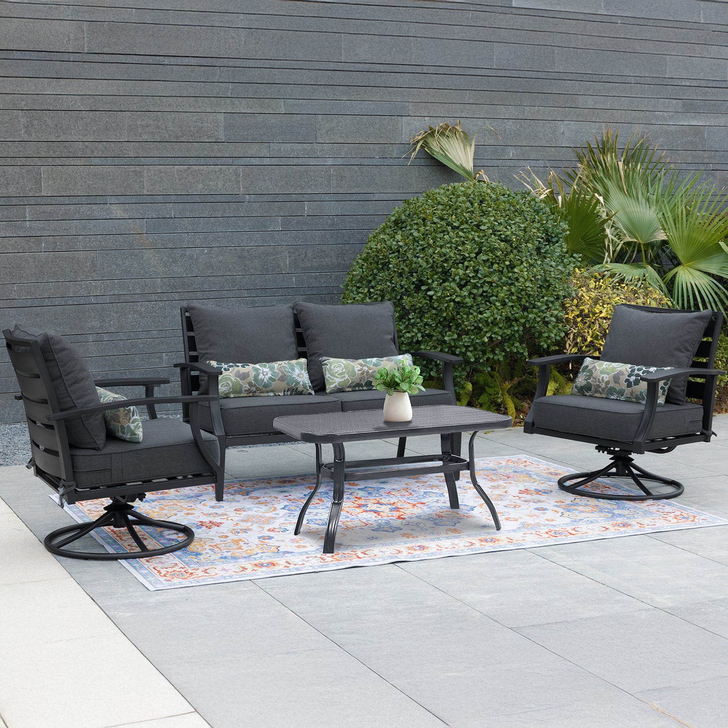 Patio Deep Chair Cushion, 2 Back 2 Seater 2 Pillow, Charcoal