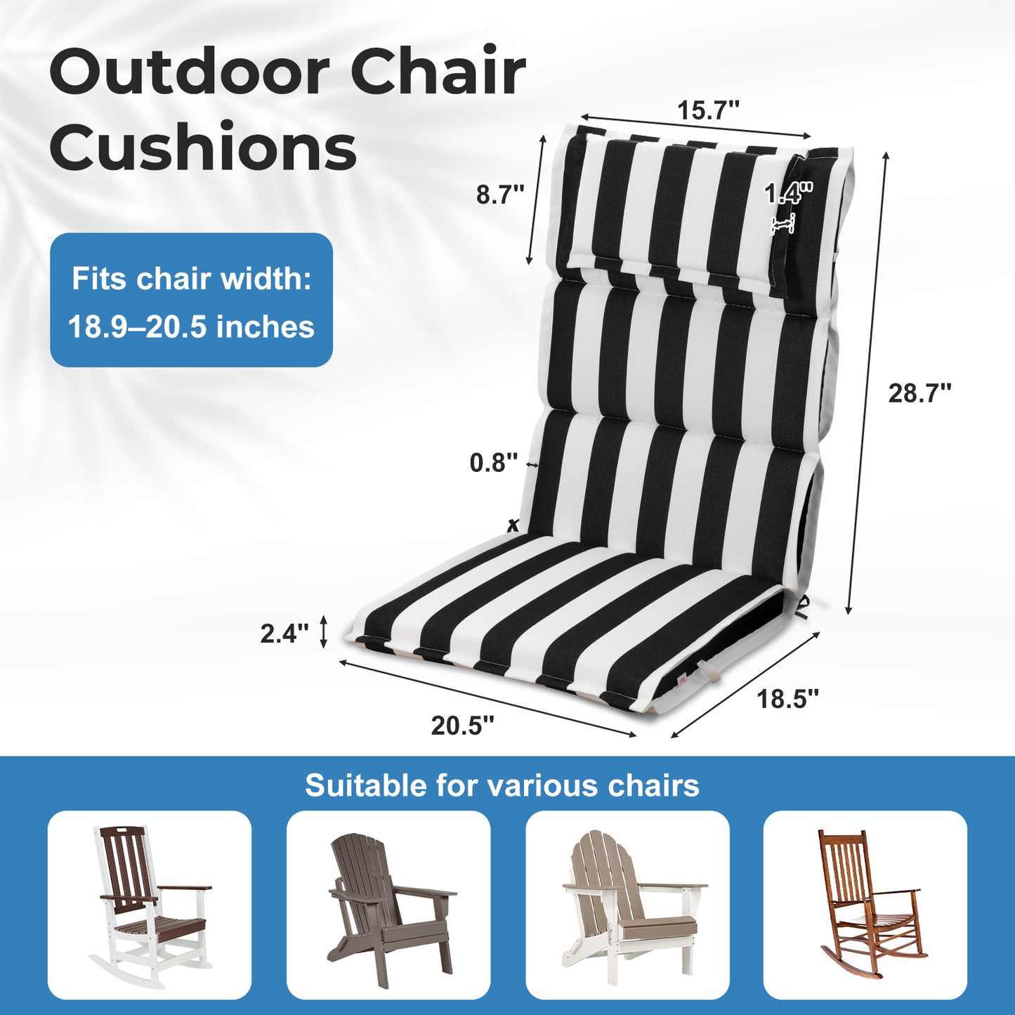 47x21x2.4 inch High Back Patio Chair Cushions with Headrest, Black Stripe