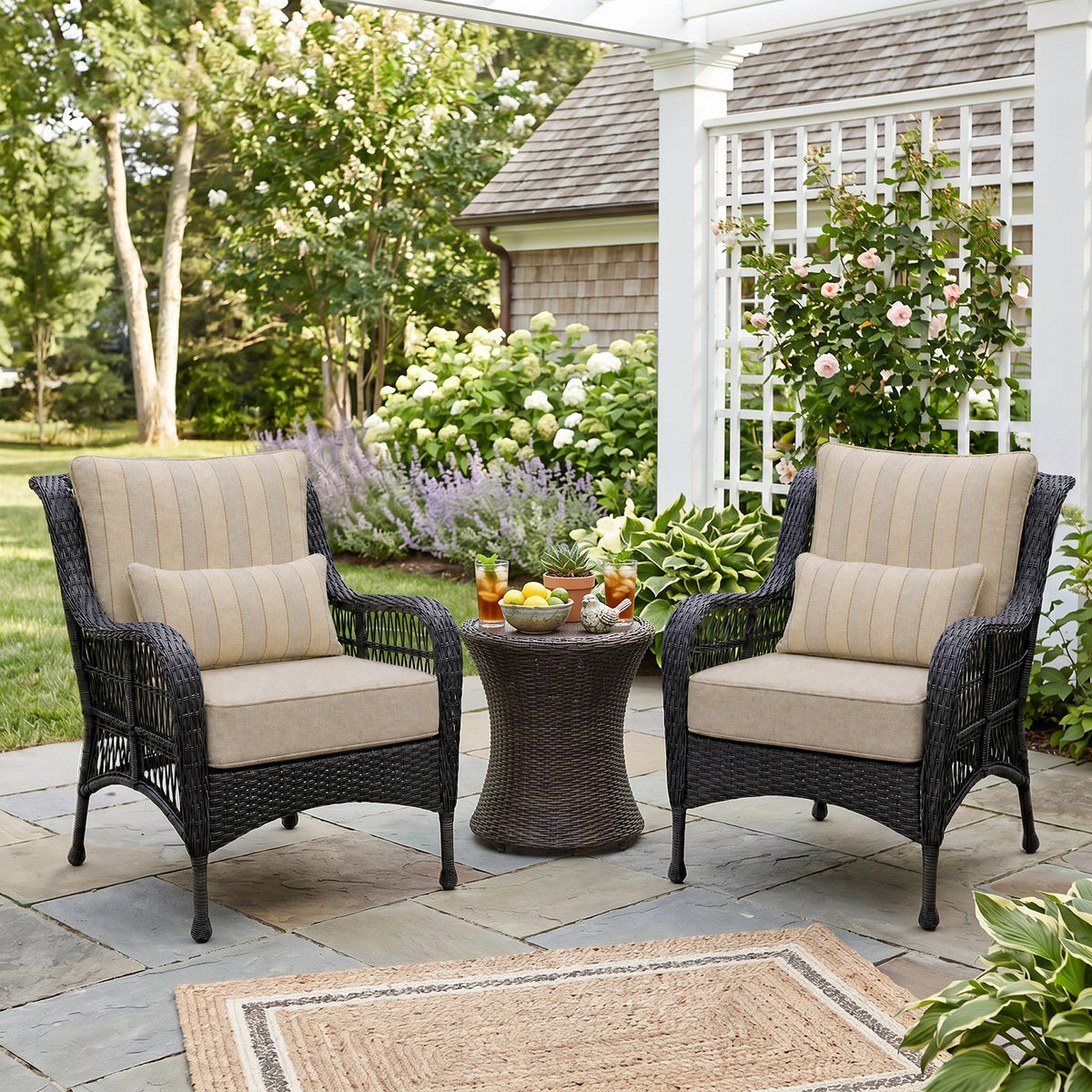 Outdoor Deep Seat Cushion Set with Lumbar Pillow, Patio Chair Back & Seat Cushions, Khaki Stripes