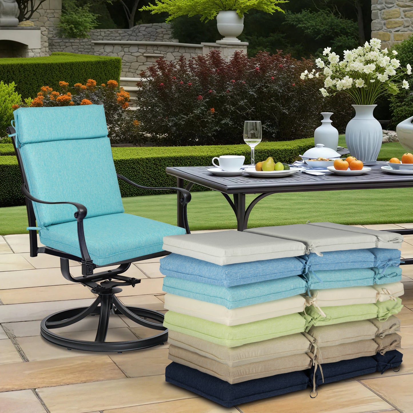 Outdoor High Back Dining Chair Cushion Set, Polyester Fabric, TPU Water Repellent Coating, Teal Aoodor 