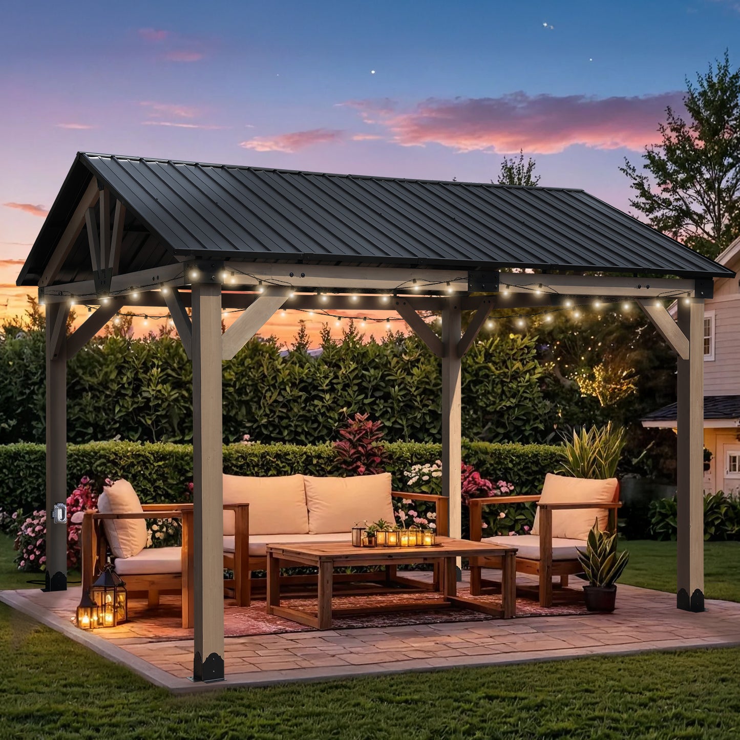 10'x12' Outdoor Patio Wooden Frame Gazebo with Galvanized Metal Hardtop Roof and Outlets