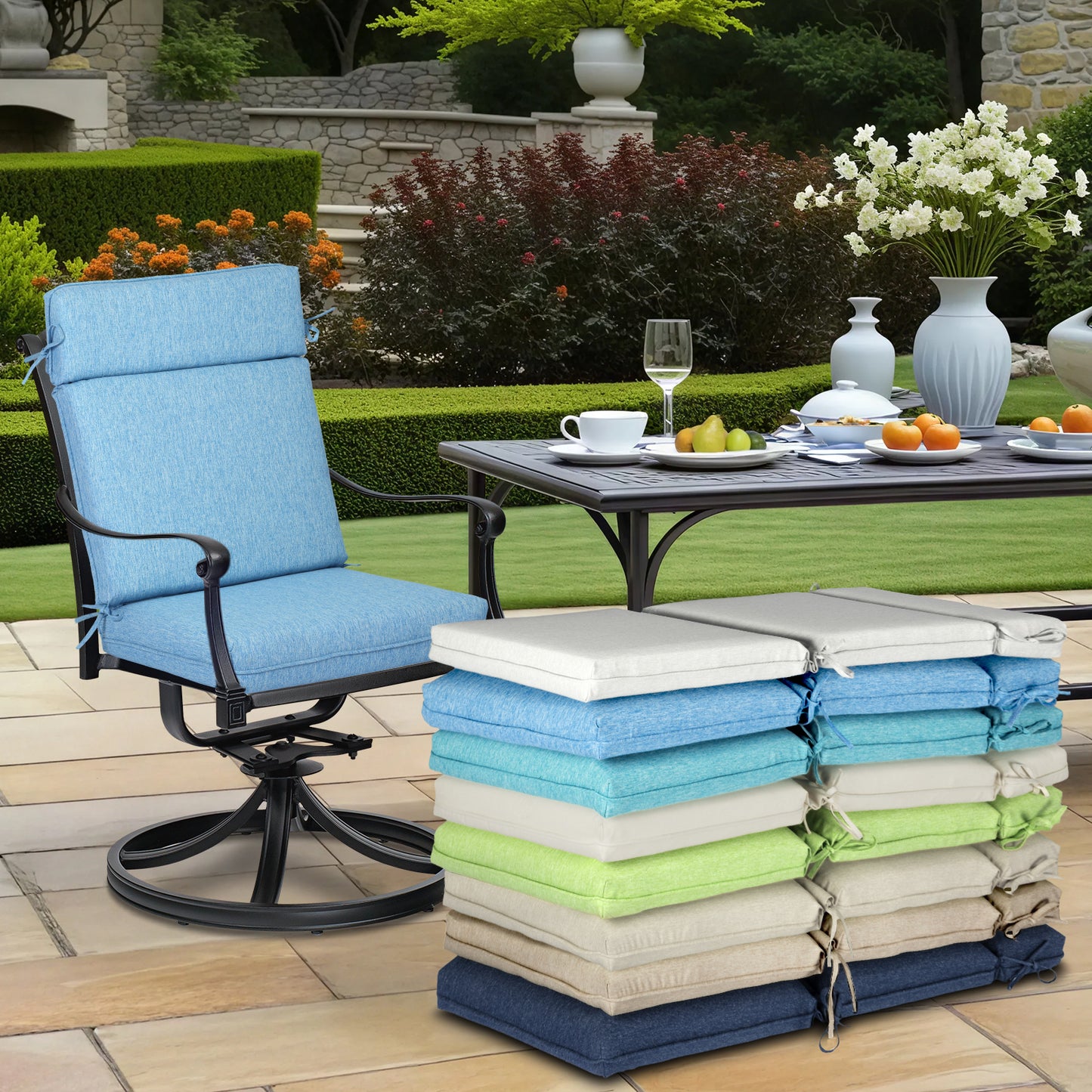 Outdoor High Back Dining Chair Cushion Set, Polyester Fabric, TPU Water Repellent Coating, Lake Blue Aoodor 