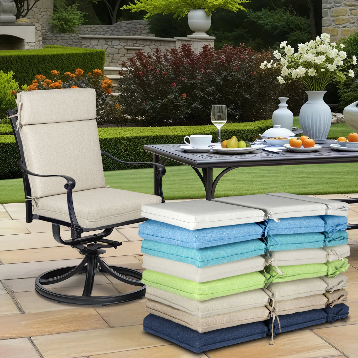 Outdoor High Back Dining Chair Cushion Set, Polyester Fabric, TPU Water Repellent Coating, Light Taupe Aoodor 